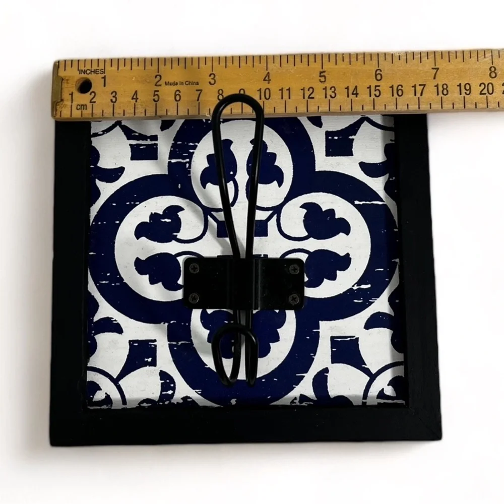 Painted Wood Frame with Blue and White Faux Painted Tile Metal Coat Wall Hook